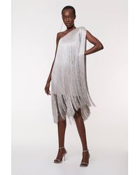 Karen Millen - Petite Figure Form Bandage One Shoulder Fringe Mini Knit Dress - Lyst