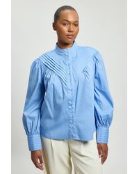 Karen Millen - Plus Size Cotton Pleated High Neck Balloon Sleeve Woven Blouse - Lyst