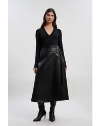Karen Millen - Petite Figure Form Pu Mix Tab Detail Pleated Knit Midi Dress - Lyst