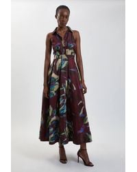 Karen Millen - Petite Abstract Print Organza Collared Maxi Dress - Lyst