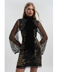 Karen Millen - Floral Applique Embellished Organdie Woven Mini Dress - Lyst