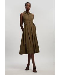 Karen Millen - Premium Viscose Linen Topstitch Halter Neck Woven Midi Dress With D Ring Detail - Lyst