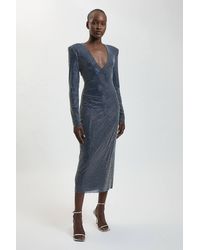 Karen Millen - Premium Crystal Embellished Long Sleeve Plunge Neck Midi Dress - Lyst