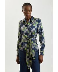 Karen Millen - Geo Print Hammered Satin Tie Waist Woven Shirt - Lyst
