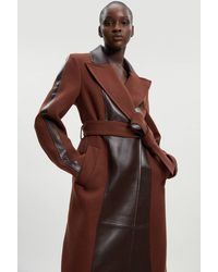 Karen Millen - Wool Pu Mix Belted Midi Coat - Lyst