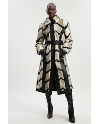 Karen Millen - Panelled Stripe Faux Fur Pu Belted Long Coat - Lyst