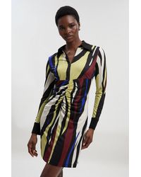 Karen Millen - Abstract Zebra Print Ruched Detail Collared Mini Crepe Shirt Dress - Lyst
