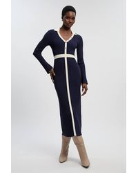 Karen Millen - Petite Knit Rib With Contrast Waist Detail Collared Midi Dress - Lyst