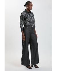 Karen Millen - Denim & Jacquard Contrast Wide Leg Jeans - Lyst