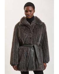 Karen Millen - Textured Faux Fur Belted Collar Short Coat - Lyst