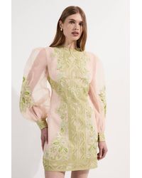 Karen Millen - Petite Embroidered Organdie Balloon Woven Mini Dress - Lyst