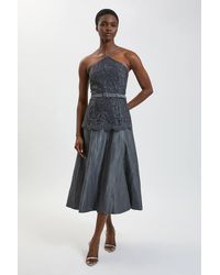 Karen Millen - Textured Sateen Lace Halter Neck Belted Midi Dress - Lyst