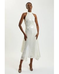 Karen Millen - Petite Sequin Halter Neck Hanky Hem Maxi Dress - Lyst