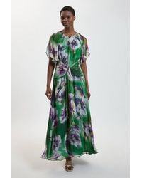 Karen Millen - Floral Print Viscose Georgette Cape Sleeve Ruffle Woven Maxi Dress - Lyst