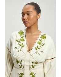 Karen Millen - Plus Size Rose Embroidered Cotton Twill Woven Long Sleeve Maxi Dress - Lyst