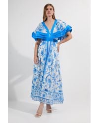 Karen Millen - Organdie Ruffle Sleeve Plunge Neck Floral Print Woven Maxi Dress - Lyst