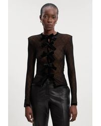 Karen Millen - Mesh With Velvet Bow Trim Detail Crew Neck Long Sleeve Top - Lyst