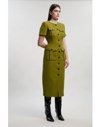 Karen Millen - Textured Tweed Tailored Pocket Front Short Sleeve Midi Dress - Lyst