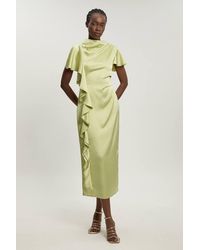 Karen Millen - Textured Satin Ruffle Detail Midi Dress - Lyst