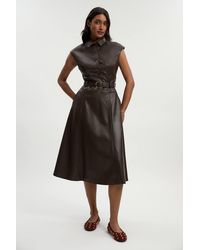 Karen Millen - Faux Leather Belted Midi Dress - Lyst