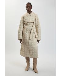 Karen Millen - Quilted & Pu Mix Belted Padded Midi Coat - Lyst