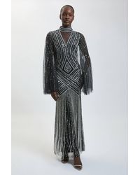 Karen Millen - Petite Embellished Woven Maxi Dress With Cape Sleeve - Lyst