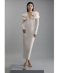 Karen Millen - Figure Form Bandage Knit Silk Ruffle Shoulder Detail Midaxi Dress - Lyst