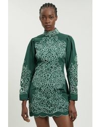 Karen Millen - Cotton Cutwork Twill Woven Mini Dress - Lyst