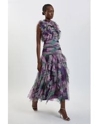 Karen Millen - Blurred Floral Frill Tulle Maxi Dress - Lyst