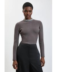 Karen Millen - Crystal Neck Trim Viscose Ribbed Jumper With Peplum Detail - Lyst
