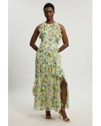 Karen Millen - Petite Crinkle Georgette Ruffle Detail Halter Neck Woven Maxi Dress - Lyst