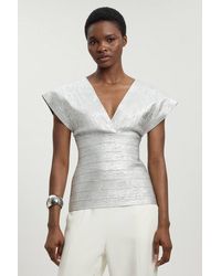 Karen Millen - Foil Metallic Figure Form Bandage Angel Sleeve Top - Lyst