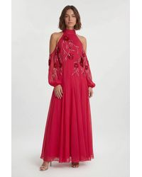 Karen Millen - Cold Shoulder 3D Floral Applique Woven Maxi Dress - Lyst