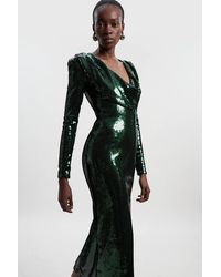 Karen Millen - Sequin Plunge Cowl Neck Strong Shoulder Long Sleeve Midi Dress - Lyst