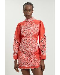 Karen Millen - Cotton Cutwork Twill Woven Mini Dress - Lyst