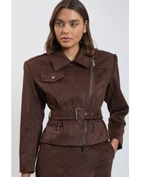Karen Millen - Faux Leather Collared Belted Jacket - Lyst