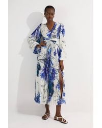 Karen Millen - Tall Floral Balloon Sleeve Pleated Crinkle Cut Out Woven Maxi Dress - Lyst