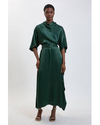 Karen Millen - Viscose Satin Asymmetric Ruffle Midi Dress - Lyst
