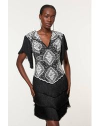 Karen Millen - Petite Embellished Fringe Strappy Woven Mini Dress - Lyst