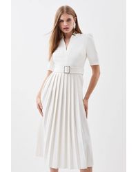 Karen Millen - Forever Tailored Structured Crepe Forever Pleat Belted Midi Dress - Lyst