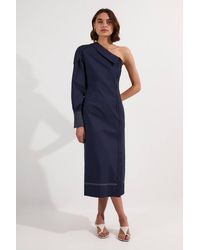 Karen Millen - Cotton Poplin Top Stitch Detail One Shoulder Woven Midi Dress - Lyst
