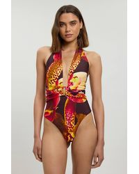 Karen Millen - Orchid Print Plunge Swimsuit - Lyst