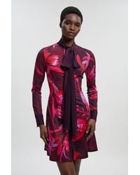 Karen Millen - Floral Print Crepe Tie Neck Long Sleeve Mini Dress - Lyst