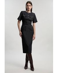 Karen Millen - Tailored Denim Belted Midi Dress - Lyst