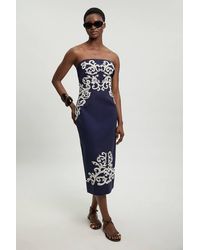 Karen Millen - Cotton Linen Embroidered Bandeau Midi Dress - Lyst