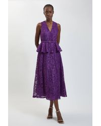 Karen Millen - Peplum Detail Belted Lace Midi Dress - Lyst