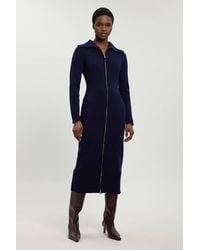 Karen Millen - Cotton Zip Through Collar Knitted Midi Dress - Lyst