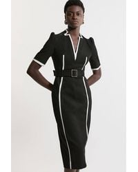 Karen Millen - Compact Stretch Contrast Tipped Forever Belted Tailored Midi Dress - Lyst