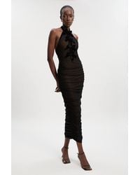 Karen Millen - Mesh With Velvet Bow Trim Detail Halter Neck Midi Dress - Lyst