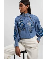 Karen Millen - Balloon Sleeve Embroidered And Beaded Woven Blouse - Lyst